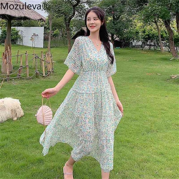 

women chiffon summer female short sleeve v-neck printed casual long dress elegant a-line boho vestidos 210416, White