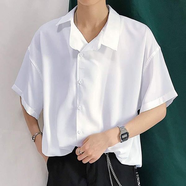 

men's casual shirts incerun solid color men shirt lapel short sleeve button streetwear fashion clothing breathable 2021 leisure camisas, White;black