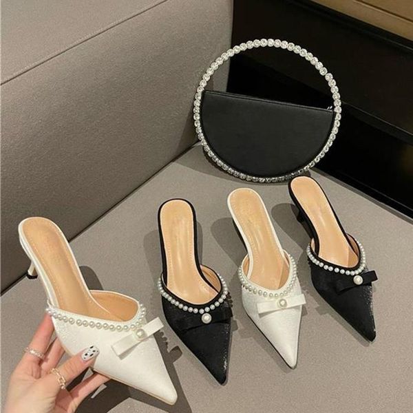 

slippers 2021 summer bow pointed toe cap half pearl decoration stiletto mid-heel high heel sandals for women, Black