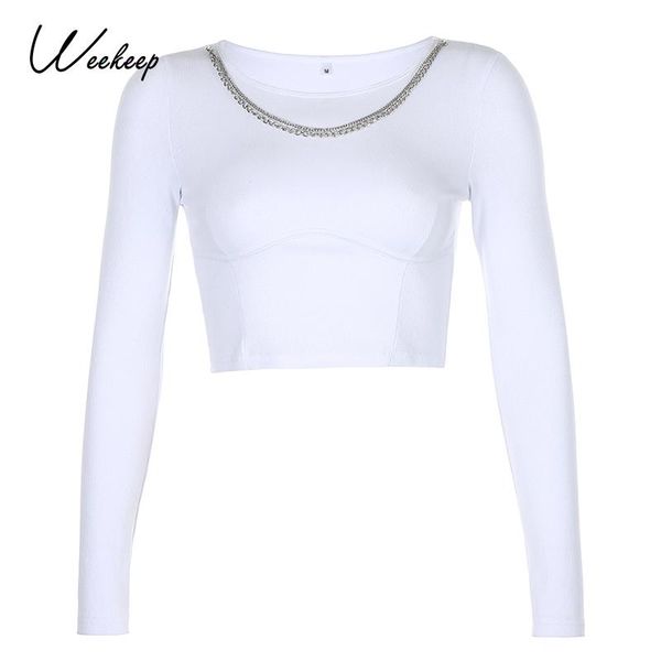 

women's t-shirt weekeep autumn ribbed knitting fashion crop women basic bodycon tshirt harajuku casual tee shirts streetwear ladies 202, White