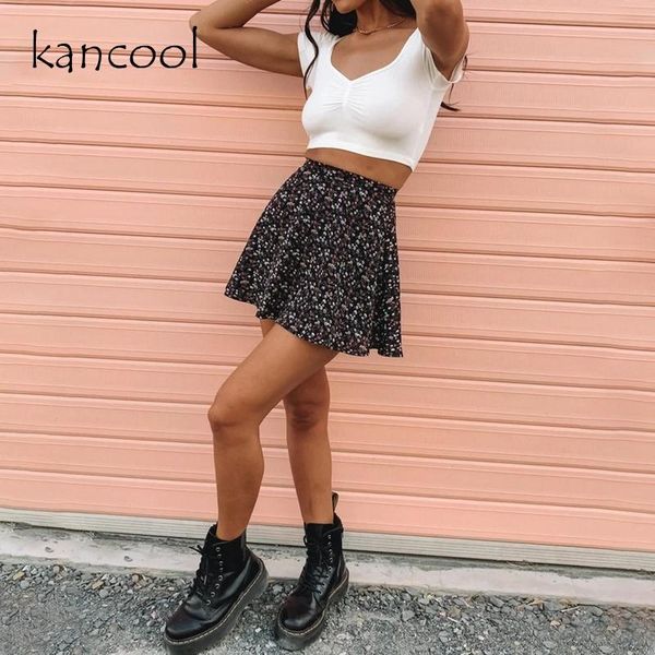 

summer women's floral print skirt high waist umbrella mini female invisible zipper chiffon short skirts, Black