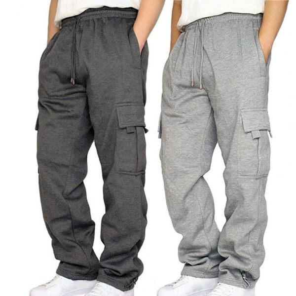 

men's pants 2021 men solid color drawstring elastic wiast multi pockets cargo loose joggers enenrgetic sweatpants plus size, Black