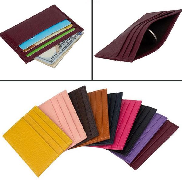 

card holders 100% genuine cow leather id holder candy color bank gift box multi slot slim case gifts for kids, Brown;gray