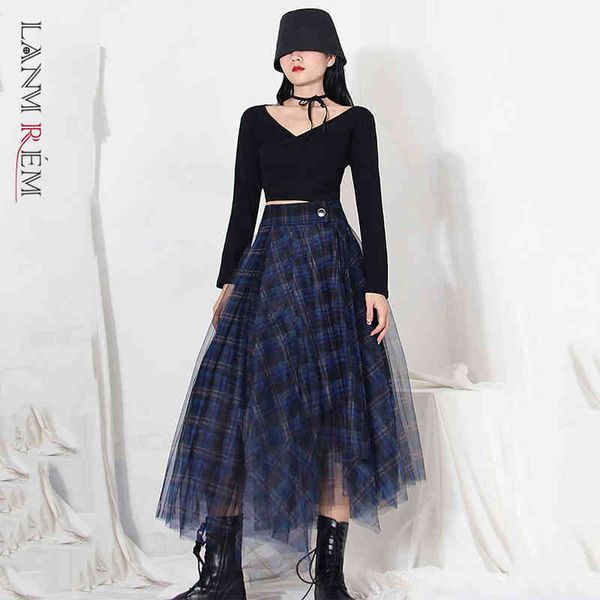 

blue plaid skirt for women irregular mesh high-end temperament skirts female party streetwear bottoms spring 2a6032 210507, Black