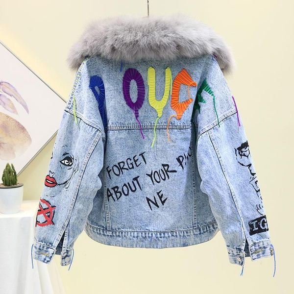 

women's jackets fur winter collar natural hair lining denim coat thick graffiti jeans jacket women streetwear, Black;brown