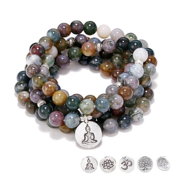 

beaded, strands hfancyw arrival colorful natural stone buddha pendant 108 mala beaded bracelet lotus charm yoga meditation prayer, Black