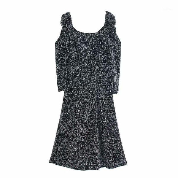 

women dot print dress long sleeves square-neckline midi fashion chic casual dresses, Black;gray