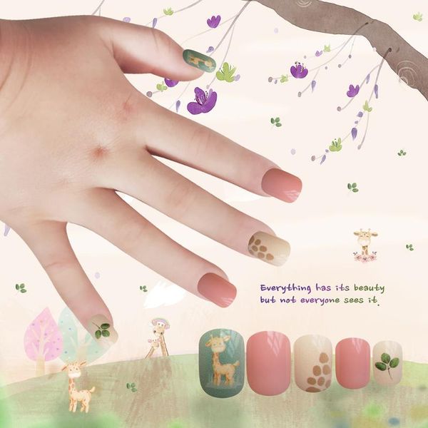 

false nails children cartoon fake nail decoration 24 pieces set candy color full stickers cute animal manicure design, Red;gold