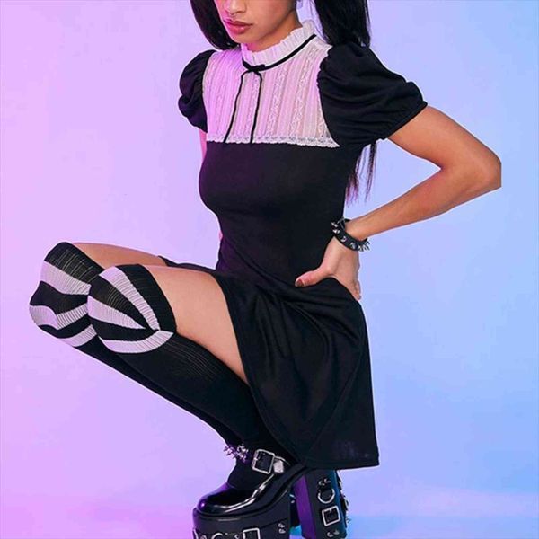 

punk black summer gothic womens dress bow puff sleeve party lolita harajuku patchwork lace bodycon a line mini, Black;gray