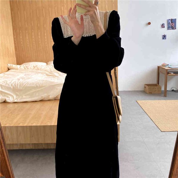 

dresses women es lace patchwork long-sleeves solid o-neck veet gentle french long sweet female fashion elegant, Black;gray