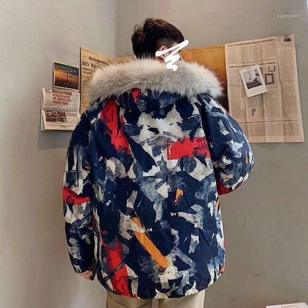 

men's trench coats 2021 large size japanese winter camouflage graffiti big fur collar loose version thick casual cotton suit, Tan;black