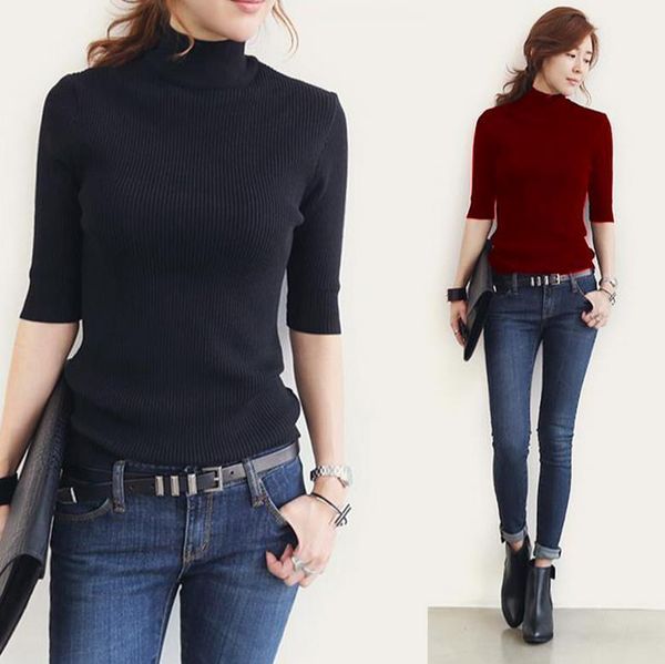 

spring and summer knitted women sweaters half sleeve turtleneck shirt color, White;black