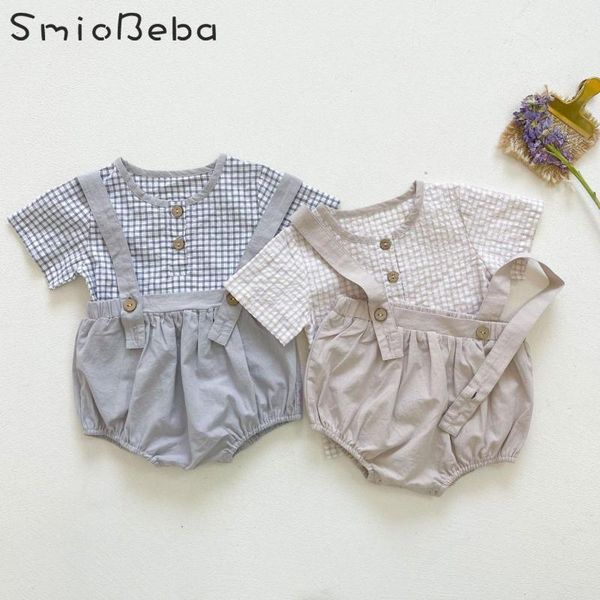 

pcs vintage baby girl clothing summer short blet suspenders korean boys plaid blouse shirt romper dress born two piece suit jumpsuits, Blue