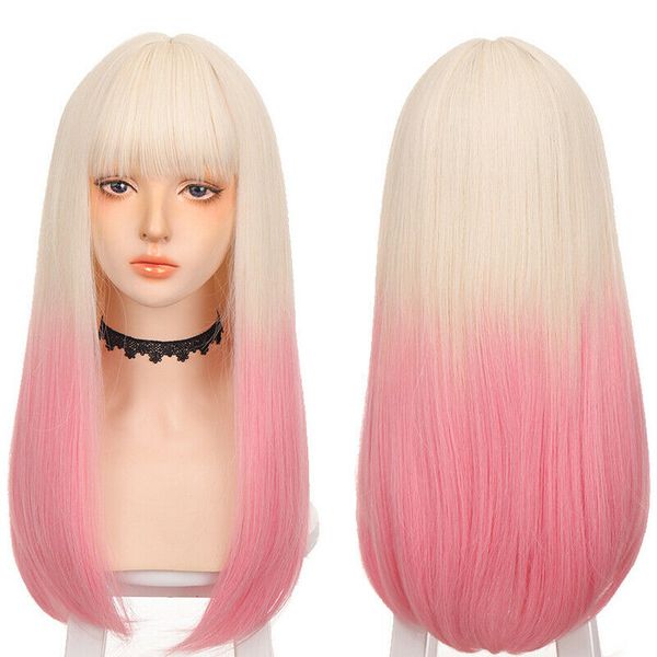 

womens long straight hair wigs golden & pink gradient party cosplay ladies wig, Black
