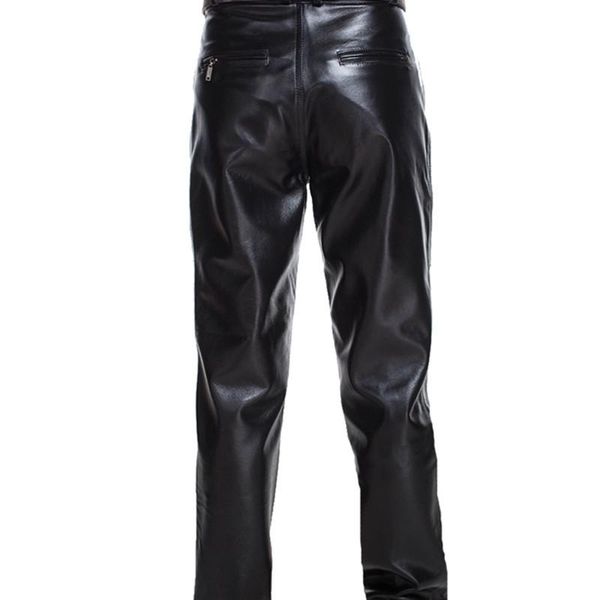 

men's pants men genuine leather mid-rised spring autumn winter warm pockets casual straight zipper full length, Black