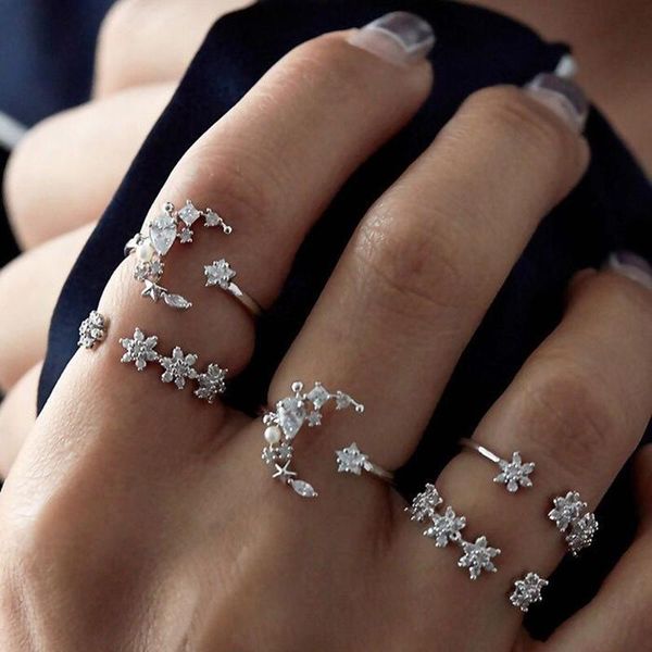 

wedding rings bohemia retro crystal star simple delicate hexagram pave clear cz open adjustable for women anniversary gift, Slivery;golden