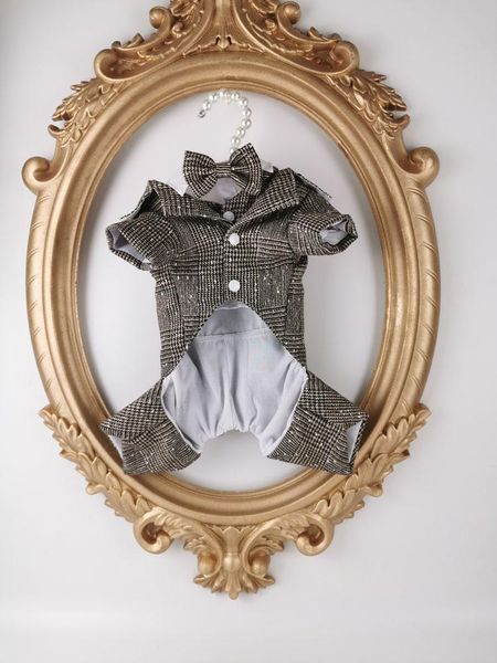 

dog apparel handmade clothes handsome suit shirt vest bow tie classic brown plaid jumpsuit pet cat poodle