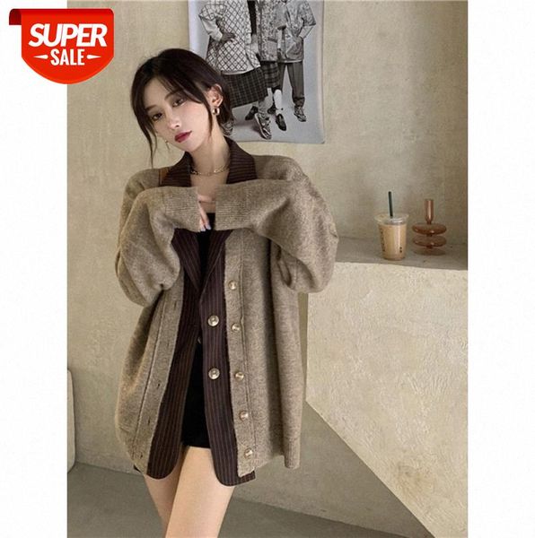 

striped stitching salt loose korean sweater women fake two-piece jacket all-match #4l5m, Black;gray