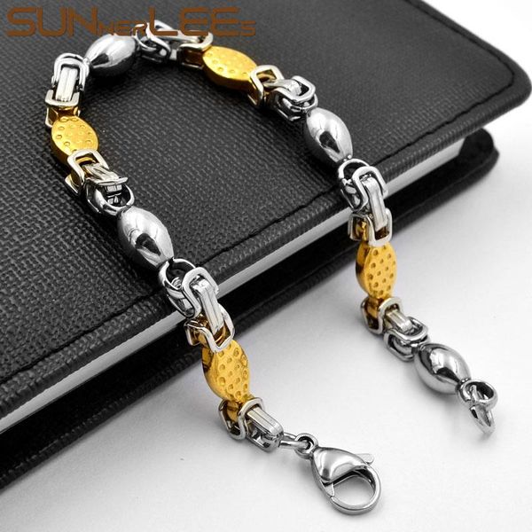 Link, Corrente Sunnerlees Jóias Pulseira de Aço Inoxidável 6mm Geométrica Byzantine Link Prata Cor Banhado A Ouro Homens Mulheres Presente SC148 B