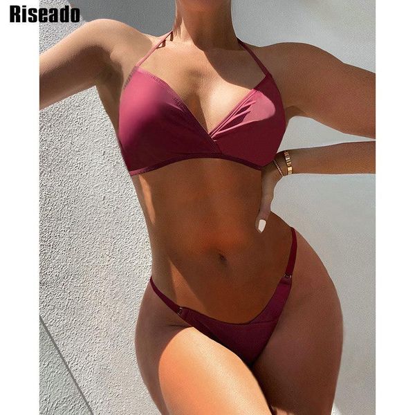 

women's swimwear riseado push up women bikini swimsuit v-neck bikinis 2021 red halter bathing suit high cut biquini summer, White;black