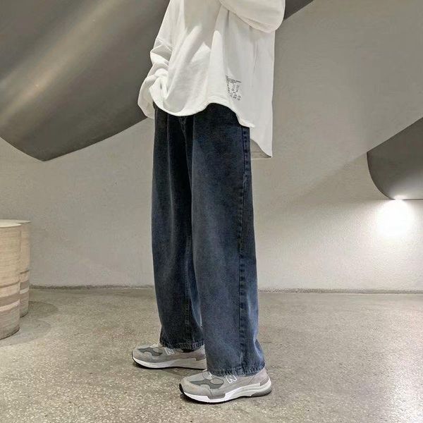 

men's jeans blue korean fashion casual loose straight-leg pants retro streetwear wide-leg trousers