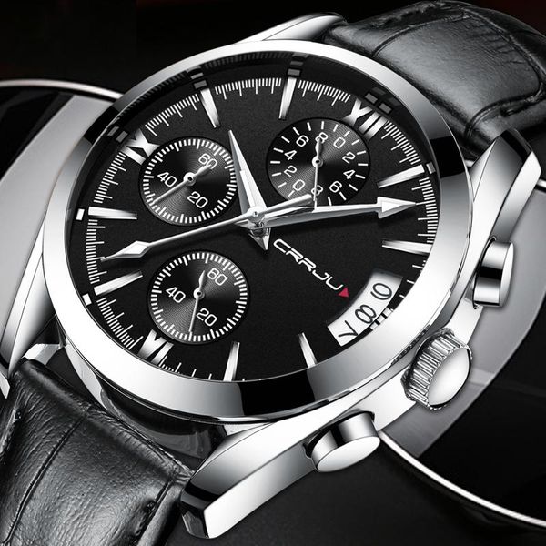 

wristwatches watches mens crrju sports watch men fashion leather wristwatch with calendar for black male clock, Slivery;brown