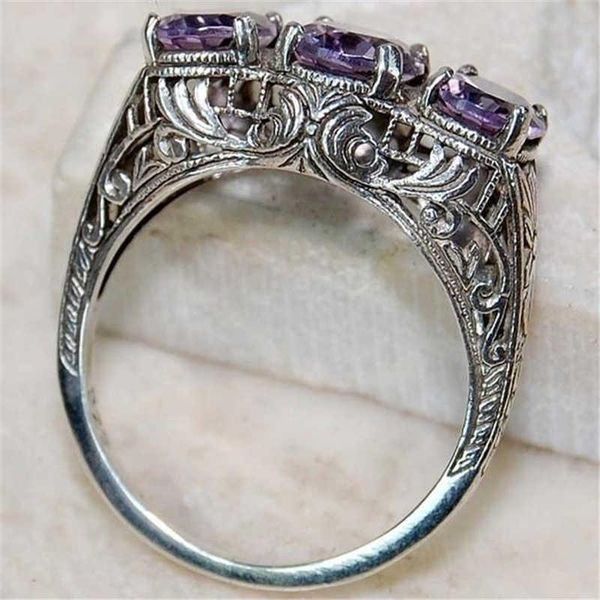 

cluster rings size5-10 women's white gold round cut purple gem wedding band ring gift, Golden;silver