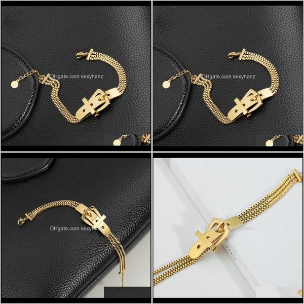 Link, Armbänder Drop Lieferung 2021 Mode Titan Stahl Gürtel Schnalle Design Armband Frau Einfache Wilde Multi-Schicht Gold Kette Hip Hop Jewelr