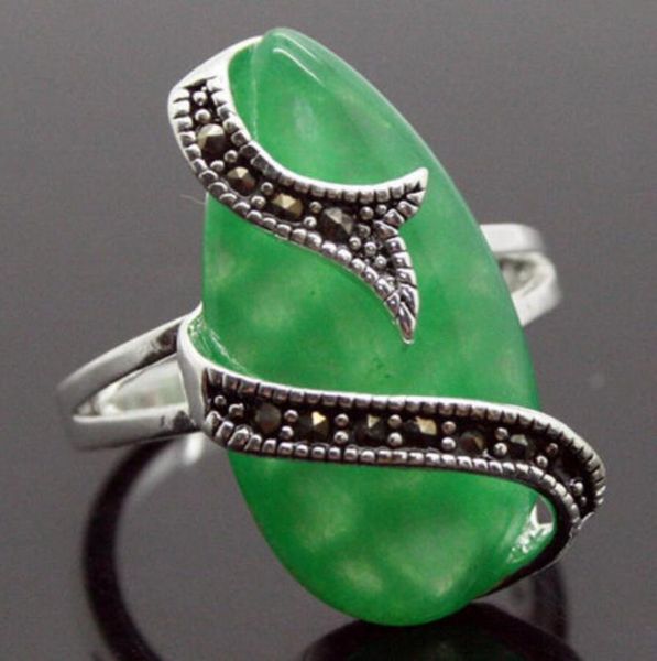 

cluster rings 24*13mm 925 silver natural green jade snake shape marcasite ring size 7/8/9/10, Golden;silver