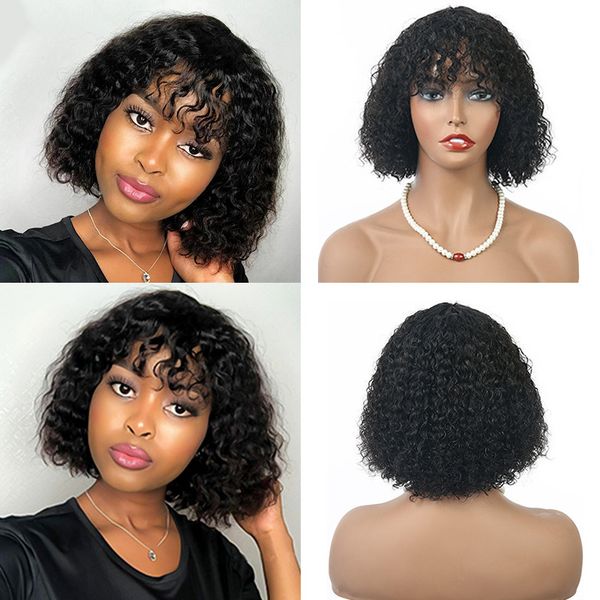 

1b human hair capless wigs with bangs water wave wig 8~14 inches perruques de cheveux humains rqy4337, Black;brown