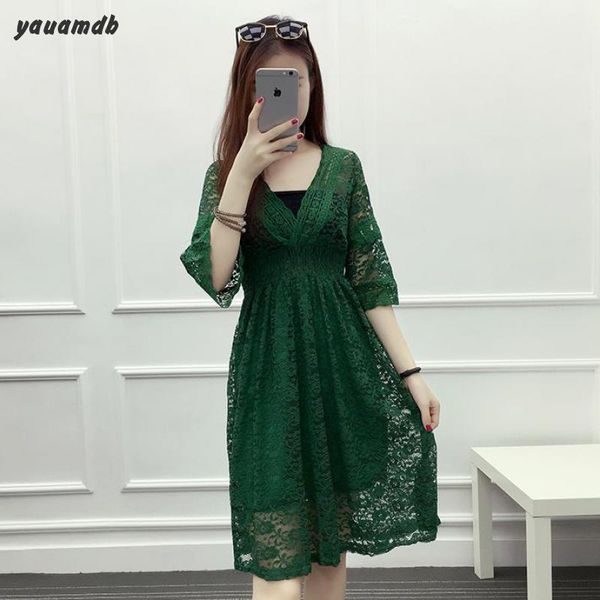 

casual dresses plus size s-3xl women lace dress summer/autumn ladies long flared sleeve knee-length female slim vestido v-neck clothes, Black;gray