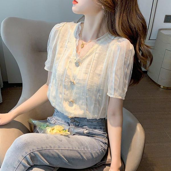 

women's blouses & shirts coigarsam short sleeve shirt womens summer patchwork chiffon v-neck women apricot 5515, White