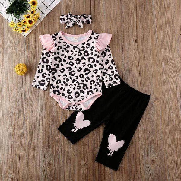 

3pcs born baby girls clothes set leopard ruffle rompers playsuit jumpsuit pants leggings headband outfits spring autumn clothing sets, White