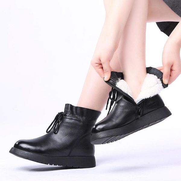 

boots 2021 waterproof women snow 100% genuine leather wool platform ankle for winter fur warm flat shoes, Black