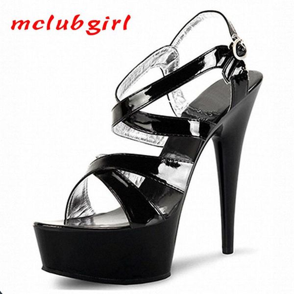 

mclubgirl 15cm heels thin heel cross strap transparent crystal patent leather show super high women's shoes lyp sandals, Black
