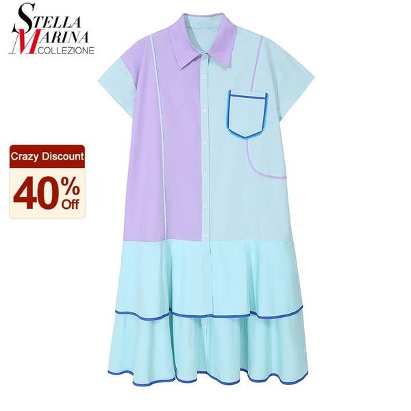 

casual dresses woman wear summer short sleeve sweet pastel dress with pocket blue pink patchwork shirt midi robe style 8301, Black;gray