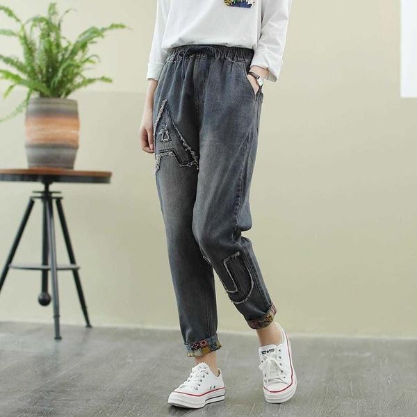 

arrival autumn loose casual vintga patchwork harem pants all-matched elastic waist cotton denim jeans a109 women's, Blue