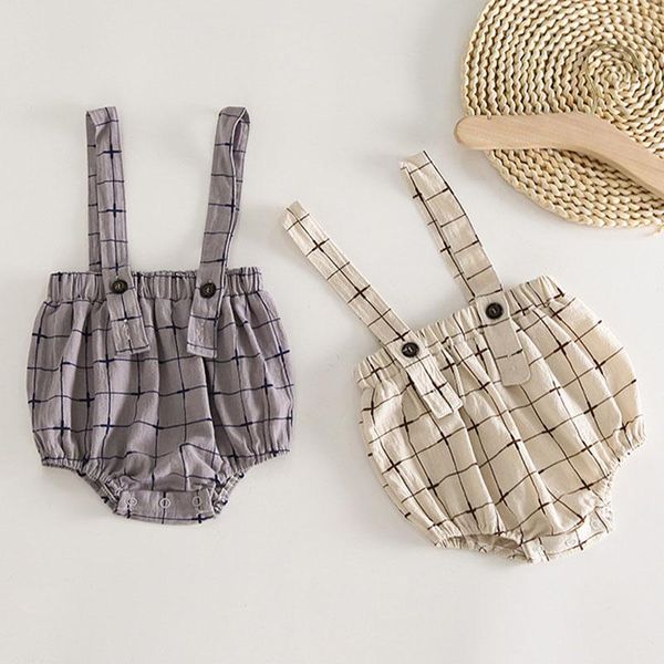 

summer baby boy girl straps shorts rompers kids grid jumpsuit born clothes jumpsuits, Blue