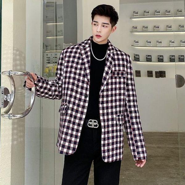 

menswear fashion chic woolen plaid blazers men's new notched single button long sleeve suit jacket autumn winter 2021 new, White;black