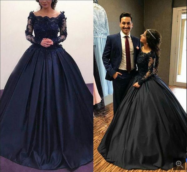 

2021 latest style navy blue satin ball gown prom dresses lace appliques beaded long sleeve vintage party gowns princess puffy corset modest, Black