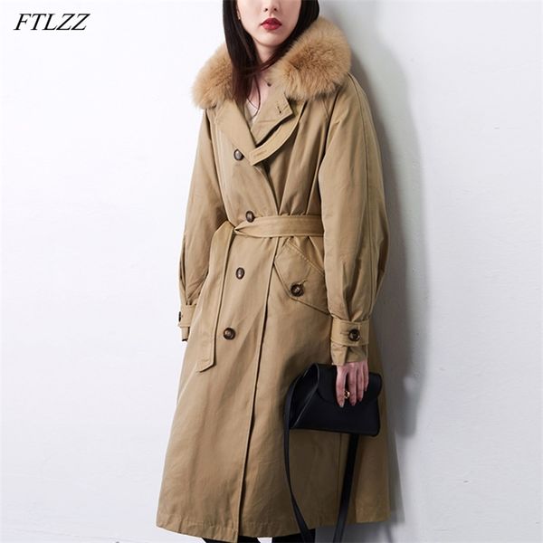 Inverno natural raposa pele engrossar longo trincheira para baixo jaqueta mulheres 90% branco pato casaco player player com cinto 210430