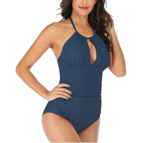 

one-piece suits women halter neck bodysuit v-neckline tankini solid ruched monokini swimwear hollow out beachwear bather bathing suit