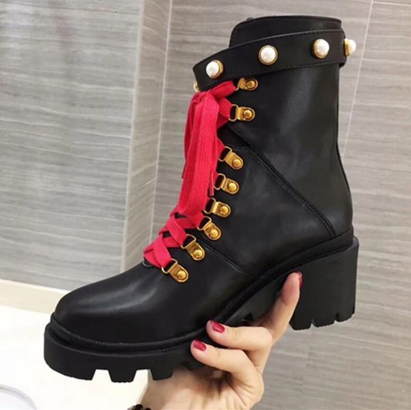 

boot winter women high heels mujer pearled cross tied snow real skin women's boots, Black