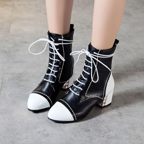 

2021 women boots winter autumn lace up high heels ankle boot patchwork sewing woman shoes large size 1, Black