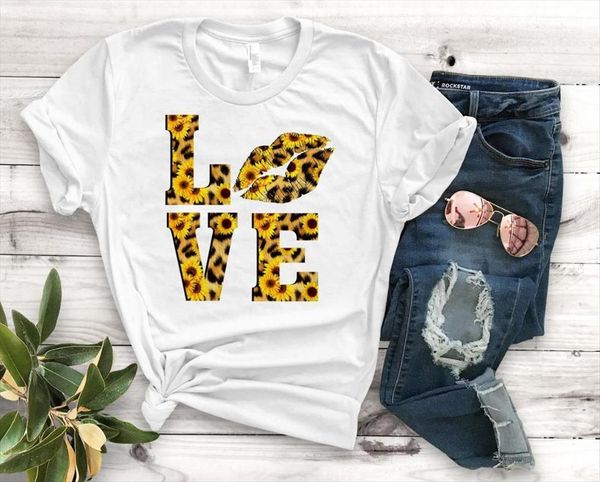 

leopard love print short sleeve women t shirts o neck loose causal tee clothes, White