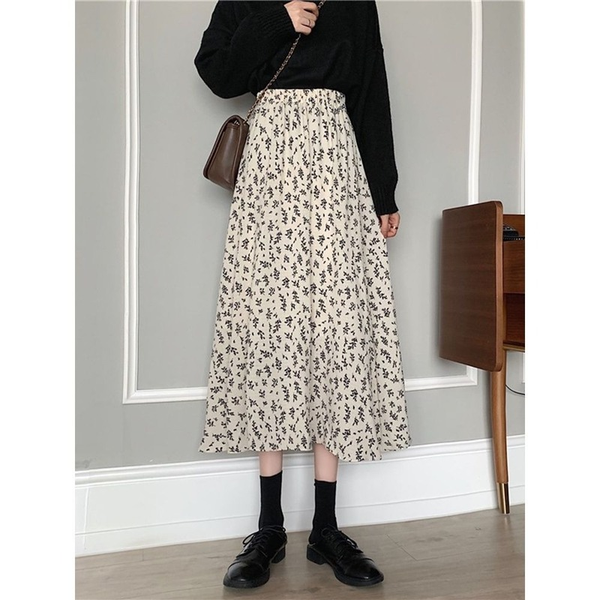 

new women chiffon floral skirt style new stretch high waist floral skirt casual all-match white chiffon a-line long skirt 2021, Black;gray