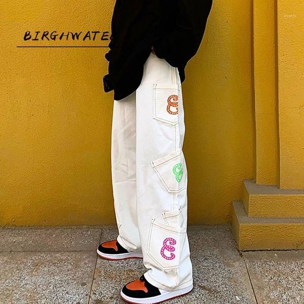 

men's jeans retro pocket letter print straight cargo pants men and women oversize trousers harajuku streetwear casual denim, Blue