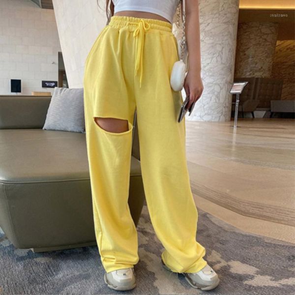 

women's pants & capris women ripped destroy holes long straight trousers casual solid high waist wide leg hip pantalones summer femme b, Black;white