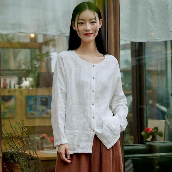 

women's blouses & shirts johnature women casual and solid color patchwork pockets o-neck long sleeve 2021 spring loose cotton, White