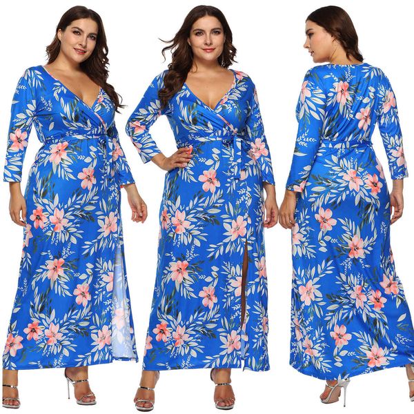 

women's plus size autumn and winter large print bandage split deep v irregular quarter sleeve 11007